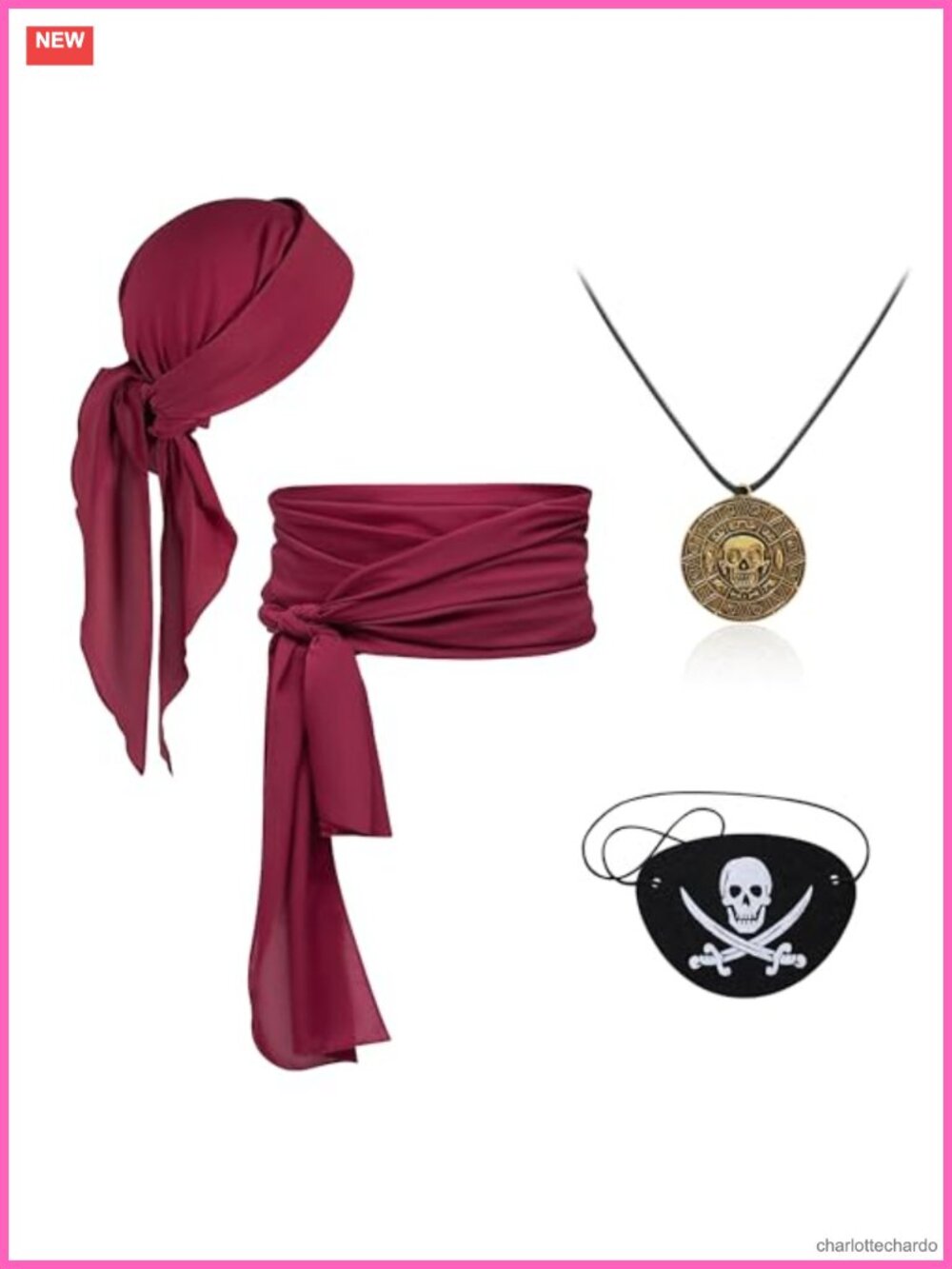 4Pc Pirate Costume Accessories Set Bandana Sash Eye Patch Necklace